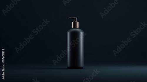 Dark bottle with a pump sits on a surface in low light setting