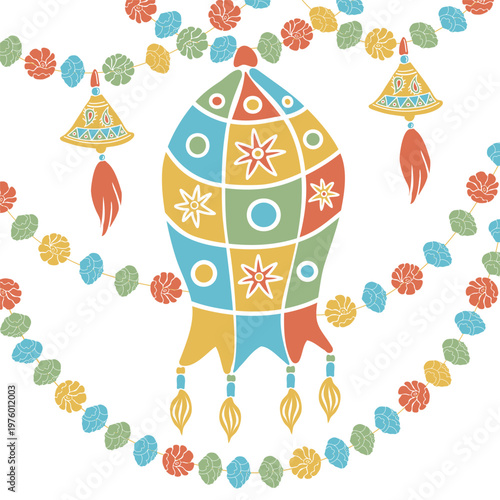 Traditional Indian mirror embroidery lamp and bells in desi style. Hand drawn vector illustration flat. Holiday and festival design, for oriental magazines, maps greeting cards, Holi Diwali clip arts.