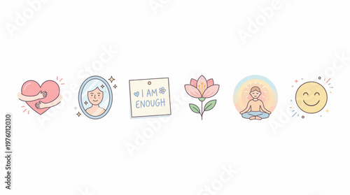Self Love and Confidence Symbol Object Set Heart Mirror Affirmation Flower Smile Minimalist Aesthetic Vector Illustration Isolated on White