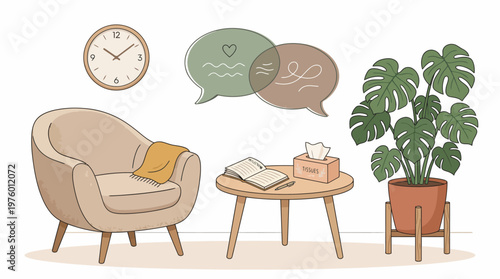 Cozy Therapy Room: Interior scene of a welcoming and calming therapy room, featuring a comfortable armchair, a small table with a notebook and tissues, and a potted plant, all under a soft.