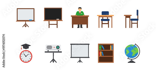 Educational icons schoolroom equipment and teacher illustration