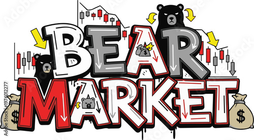Bear Market Typography Illustration in Graffiti Style, Crypto and Stock Market Crash Concept with Candlestick Chart and Bear Icons, Financial Crisis Vector Art