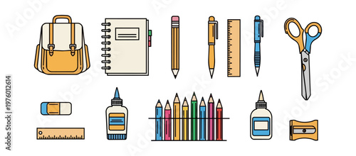 School supplies illustration backpack notebook pencil pen ruler scissors