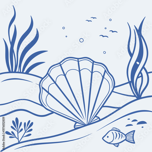 A minimalist blue vector illustration of an underwater scene with a scallop shell, fish, and seaweed