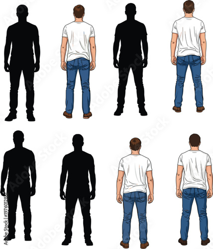 Male character silhouette and back view standing set wearing white t-shirt and blue jeans isolated vector illustration
