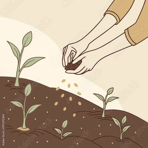 A person planting seeds in the soil with small green seedlings growing around.