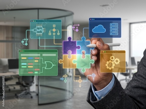 Digital integration and system architecture visualized through interconnected puzzle pieces and flowcharts in a modern