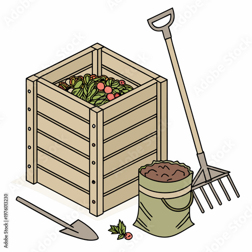 A vector graphic illustration of gardening tools and supplies, including a wooden crate filled with plants, a shovel, rake, and bag of soil.