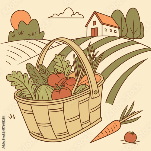 A vibrant illustration of a wicker basket overflowing with fresh vegetables in a rural setting