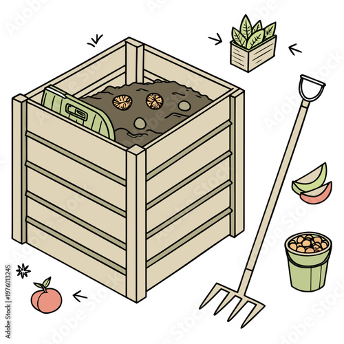 A vector graphic illustration of a compost bin with gardening tools and organic materials