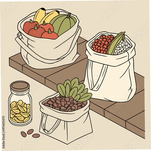 A vector illustration of reusable bags filled with fresh produce and a jar of nuts on a wooden surface