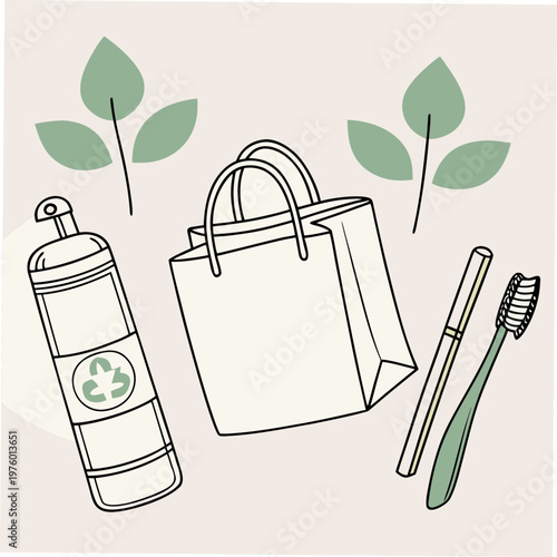 A minimalist vector illustration of eco-friendly bathroom essentials and a shopping bag