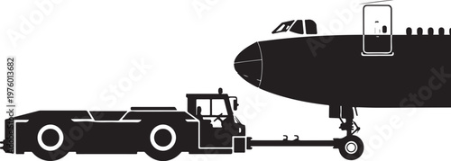 Airplane, aircraft, plane, being towed, vehicle, transport, silhouette, black, illustration