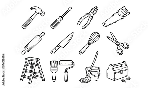 Collection of house repair and kitchen tools icons in hand drawn doodle style
