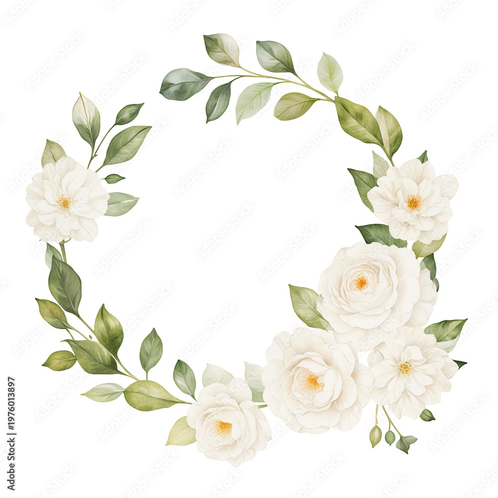Fototapeta premium White Rose Watercolor Wreath, Floral Graphics for Wedding Decor, Sublimation Designs,