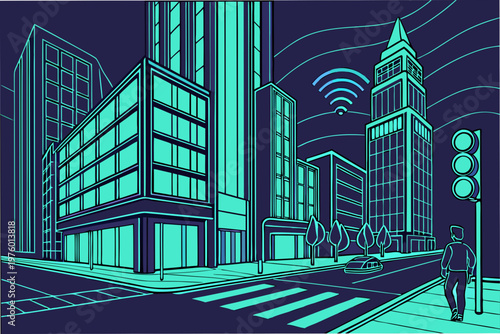A futuristic cityscape at night with a man walking on the sidewalk, surrounded by sleek skyscrapers and a traffic light, with a Wi-Fi signal emanating from above.