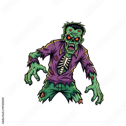 A menacing cartoon zombie with green skin, red eyes, and tattered clothes, showing exposed ribs.
