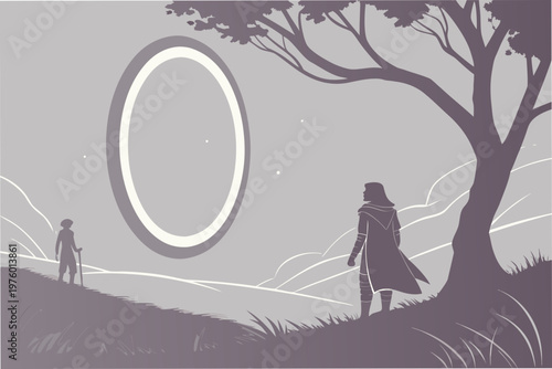 A minimalist vector illustration of two people standing on a hill looking at a glowing portal in the sky