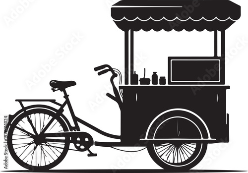Food Cart, Bicycle Tricycle, Black Vector Icon, Street Vendor, Mobile Snack