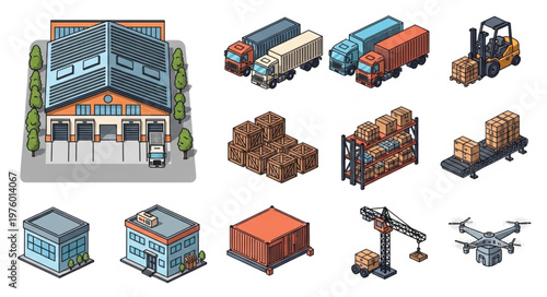 Isometric Logistics and Transportation Pixel Art Assets Collection.