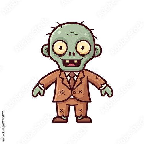 A cartoon illustration of a cute, green zombie wearing a brown suit and tie.