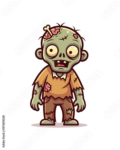 Cute cartoon zombie character with green skin, tattered clothes, and a bone in its head standing upright.