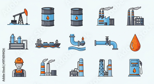 Oil and Gas Industry Icons - Production, Transportation, and Processing.