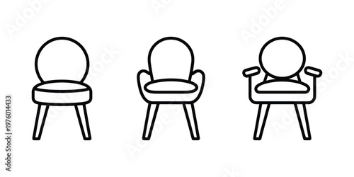 Set of three chair icons in line art style, illustrating different furniture types, seating arrangements, and interior design inspirations.