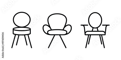 Set of three chair icons in line art style, illustrating different furniture types, seating arrangements, and interior design inspirations.