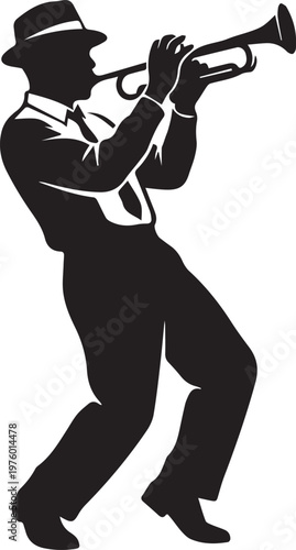 Black silhouette illustration of jazz musician playing trumpet in hat tie and formal attire symbolizing performance creativity and musical art