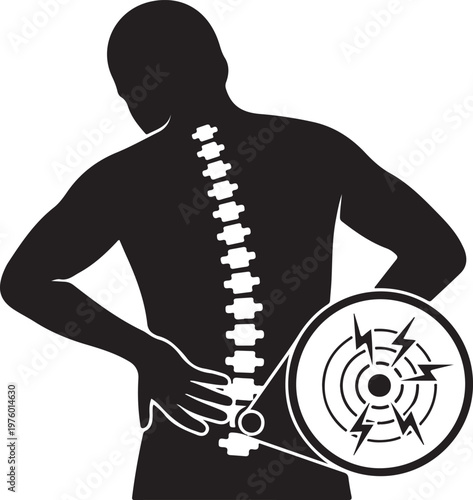 Silhouette of a person experiencing lower back pain with a magnified view of the spine