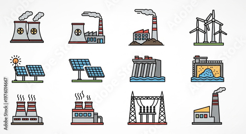Diverse Energy Sources - Nuclear, Wind, Solar, Hydro, and Industrial Power Plants.