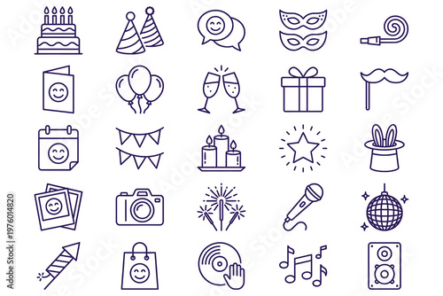 Celebratory party icons set featuring festive decorations, confetti, confetti cannons, champagne flutes, and party favors in monochrome line art style for event planning and branding materials