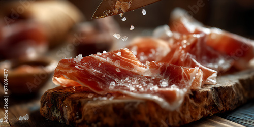 Delicious meat presentation. Closeup of savory ham displaying texture and elegant lighting