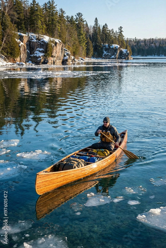 Man paddling a wooden canoe on a frozen lake surrounded by icy water, snow-covered rocks and pine forest in winter wilderness landscape.