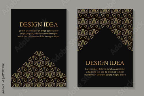 Modern geometric luxury black backgrounds for business or greeting cards with golden arches in art deco style.