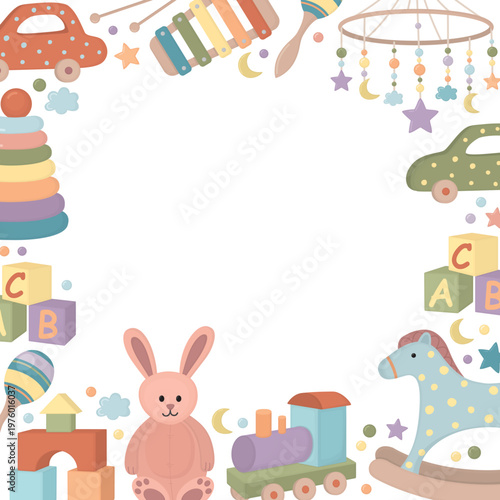 Banner with cute children’s toys. Frame with rattle, stacking pyramid, toy train, rocking horse, bunny, car, baby mobile, blocks