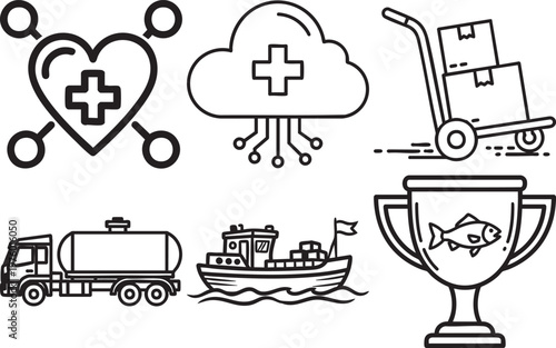 Minimal Line Art Icon Set of Heart, Medical Cross, Cloud, Hand, Truck, Tanker Ship, Flag, Trophy Cup and Fish Symbols
