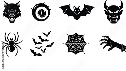 Set of halloween silhouettes featuring scary monsters spider web and zombie hand icons art