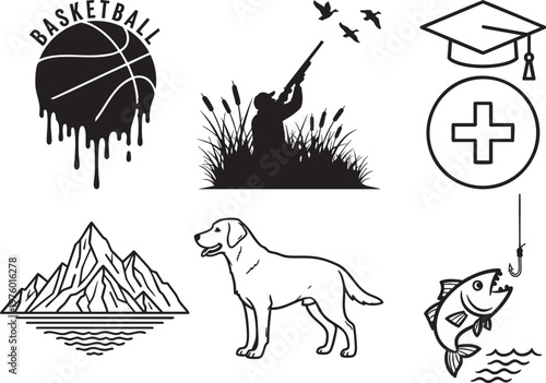 Minimal Black Line Art Icon Set of Basketball, Hunter, Graduation Cap, Mountain, Dog, Fish, Fishing Hook, Water, Birds and Medical Cross Symbols
