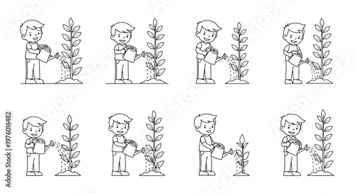 Children watering plants in a row showing growth stages as a cartoon illustration