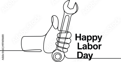 Continuous single line of a human hand holding a metal wrench with the text happy labor day written in bold black sans serif font against a plain white background