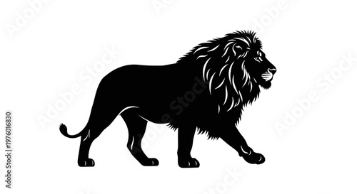 Majestic lion silhouette walking gracefully on a white background.