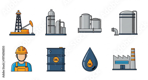 Oil and Gas Industry Icons - Exploration, Production, and Processing.