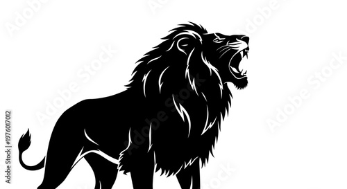 Majestic roaring lion silhouette on white background.