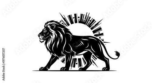 Majestic Lion Silhouette with Sunburst Background.