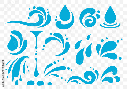 Water elements, drops and droplet, splash and waves, swirl silhouette
