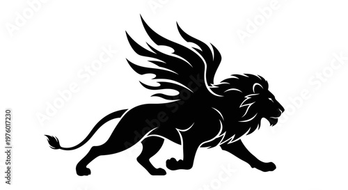 Majestic Winged Lion Silhouette on White Background.