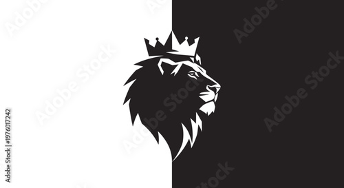Majestic Lion King Head Profile with Crown in Black and White.