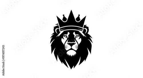 Majestic Lion King Head with Crown Black and White Vector Illustration.